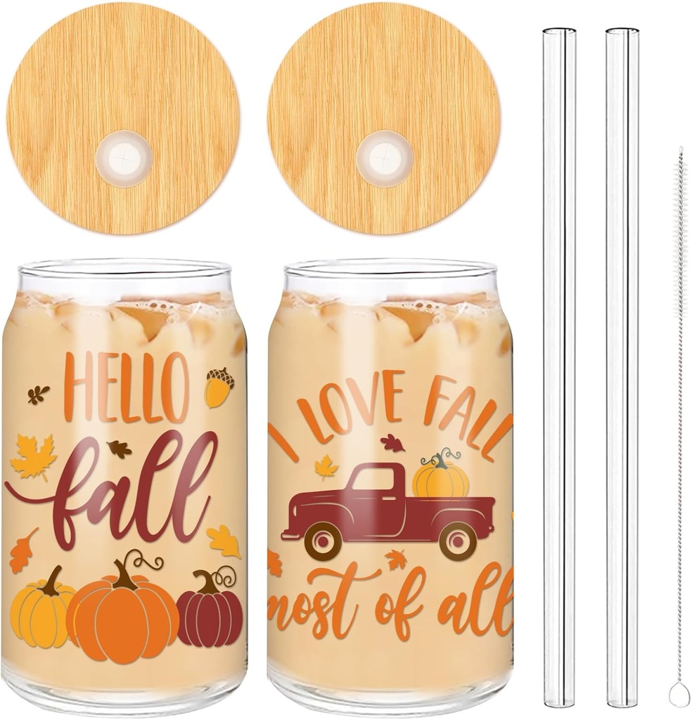 Whaline Hello Fall Drinking Glasses 16oz Fall Harvest Glass Cup Pumpkin Car Iced Coffee Cup with Bamboo Lid Glass Straw Cleaning Brush Gift for Autumn Thanksgiving Cocktail Whiskey Beer Soda, 2Pcs
