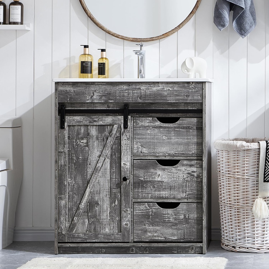 30" Farmhouse Bathroom Vanity with Sink, 33.7" Tall Wooden Floor Standing Bathroom Vanity w/Sliding Barn Door, 3 Drawers & Adjustable Shelves, Light Grey