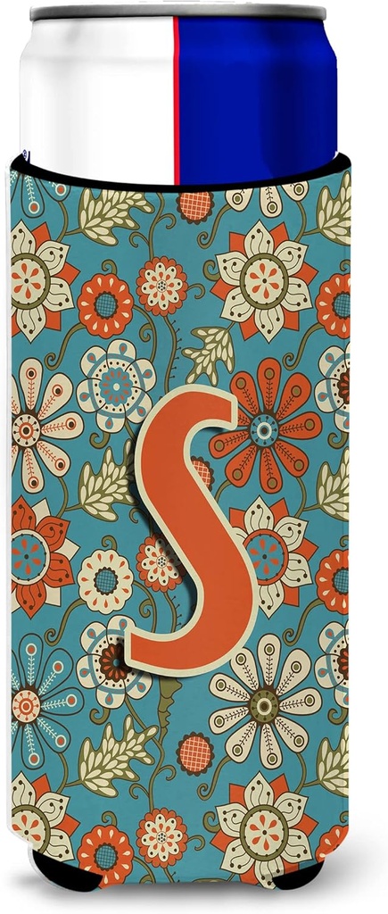 Letter S Flowers Retro Blue Ultra Beverage Insulators for slim cans