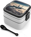 Aircraft Fighter Jets Bento Box Adult Lunch Box All-in-One Lunch Containers with Removable Compartments Double Layer Bento Lunch Box with Spoon And Handle Stackable Lunchbox