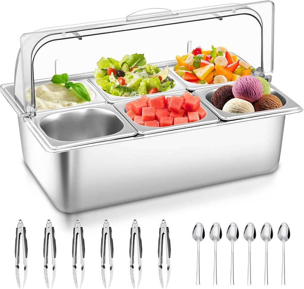 Countertop Food Serving Display Container with Clear Roll Top Cover, Stainless Steel Buffet Food Serving Tray, Condiment Serving Container Dispenser for Restaurant Kitchen Party(6 Compartments)