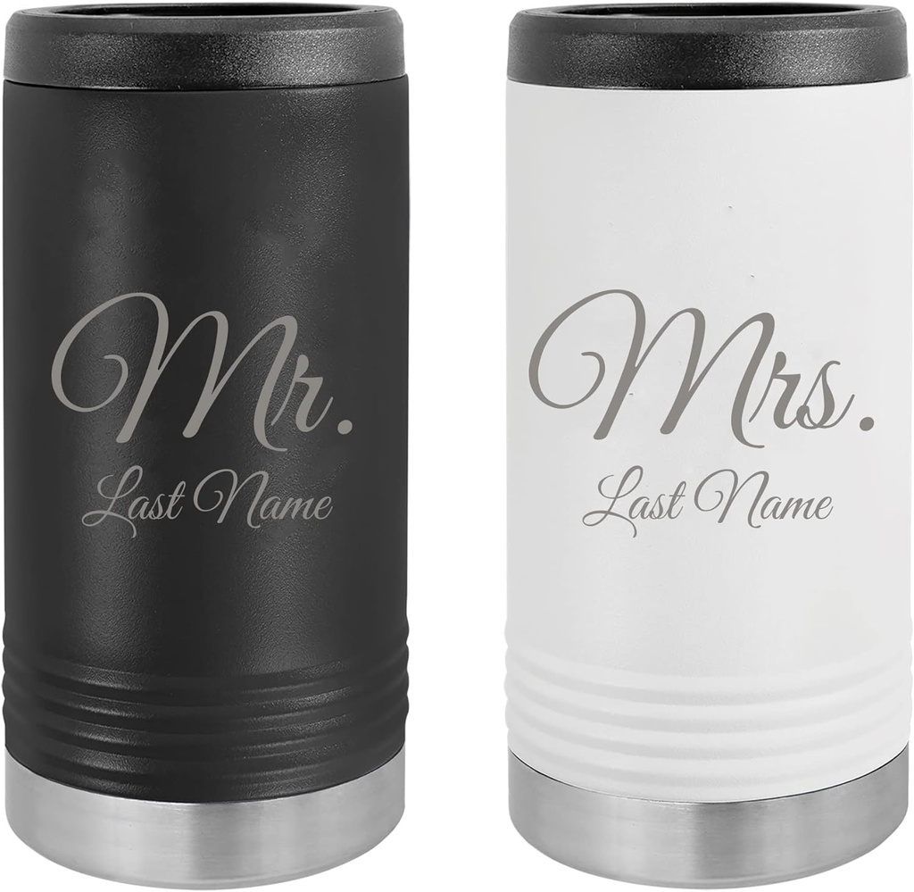 Mr and Mrs Can Custom Personalized Hard Seltzers Cooler Stainless Steel Laser Engraved Insulated Slim Newlyweds Couples Wedding Hard Sided Beverage Holder 12 oz