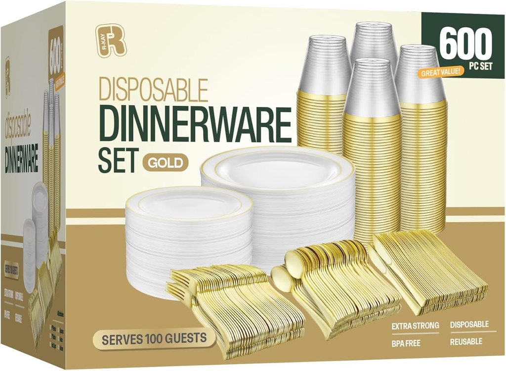 600pcs Plastic Dinnerware Set 100 Guest, Gold Plastic plates for party, Gold Party Plates Sets For 100 Guests, Wedding Plates Disposable Set Includes Also Cups, And Cutlery.