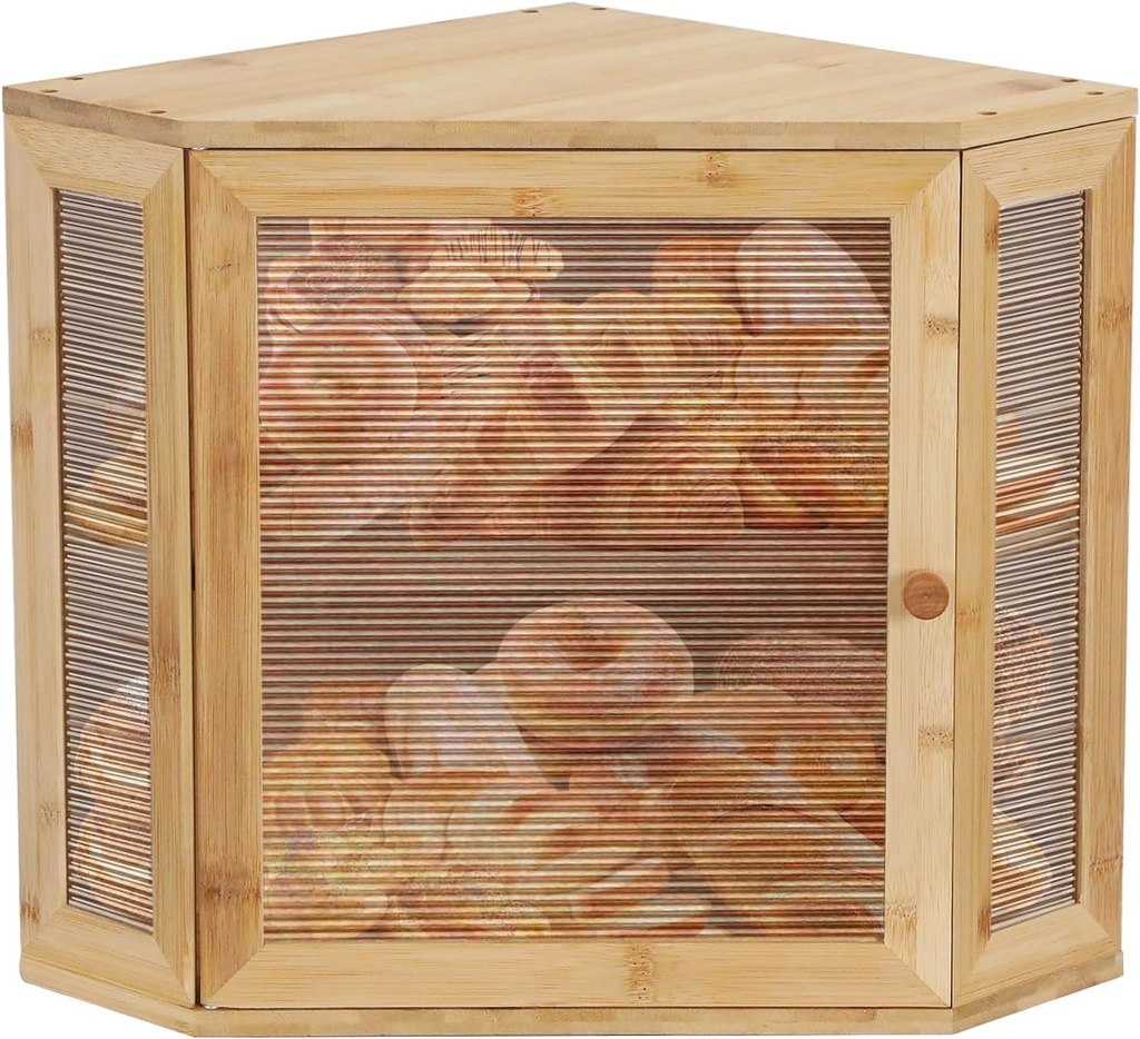 AQQHSAIN Corner Bread Box for Kitchen Counter Double Layer Wooden Bread Storage Large Capacity Farmhouse Pantry Shelf with Acrylic Window Kitchen Countertop Food Storage Container