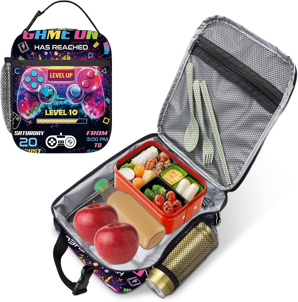 Kids Lunch Box, Waterproof Insulated Lunch Box for Boys Girls Toddler with Water Bottle Holder, Game Adult Lunch Bag for School Work Office Travel Picnic Hiking Beach, Fits Most Bento Boxes