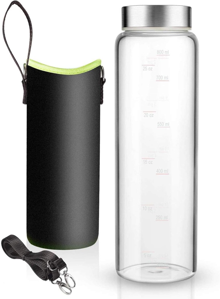 Sursip 32 oz Glass Water Bottle - Nylon Bottle Protection Sleeves, Stainless steel Lid, And 1L Time Marked Measurements, Reusable, Eco-Friendly, Safe for Hot Liquids Tea Coffee Daily