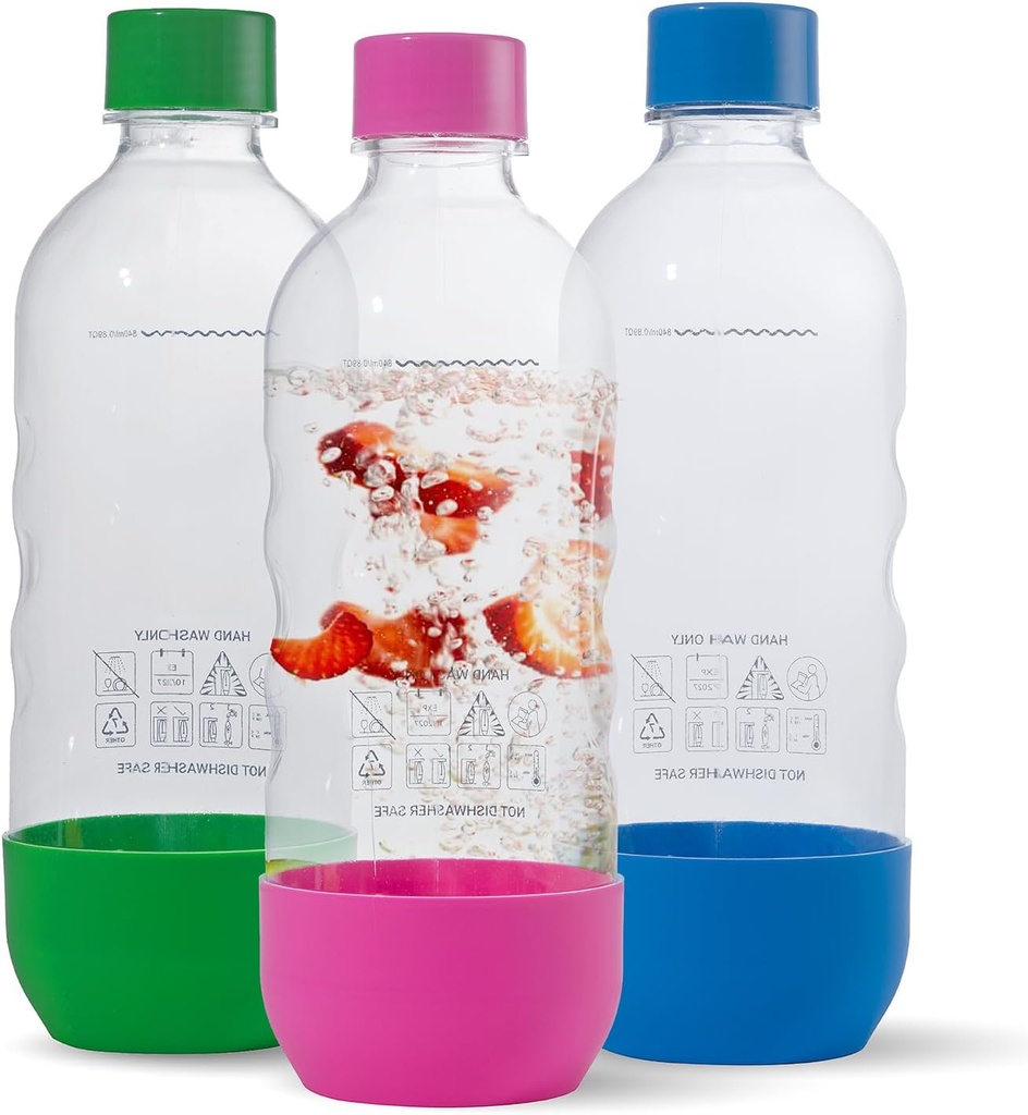 Replacement Carbonating Sparkling Water Bottles for SodaStream - 1 Liter, BPA-Free & Leak-Proof (Compatible with Fizzi, One Touch, Jet, Source, Play, Genesis, Power Models) - 3-Pack (Multi)