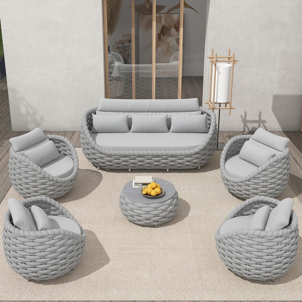 TWT 6-Piece Aluminum Patio Furniture Set, Modern Outdoor Conversation Set Sectional Sofa with Water Repellent Thick Cushions and Coffee Table for Balcony, Garden