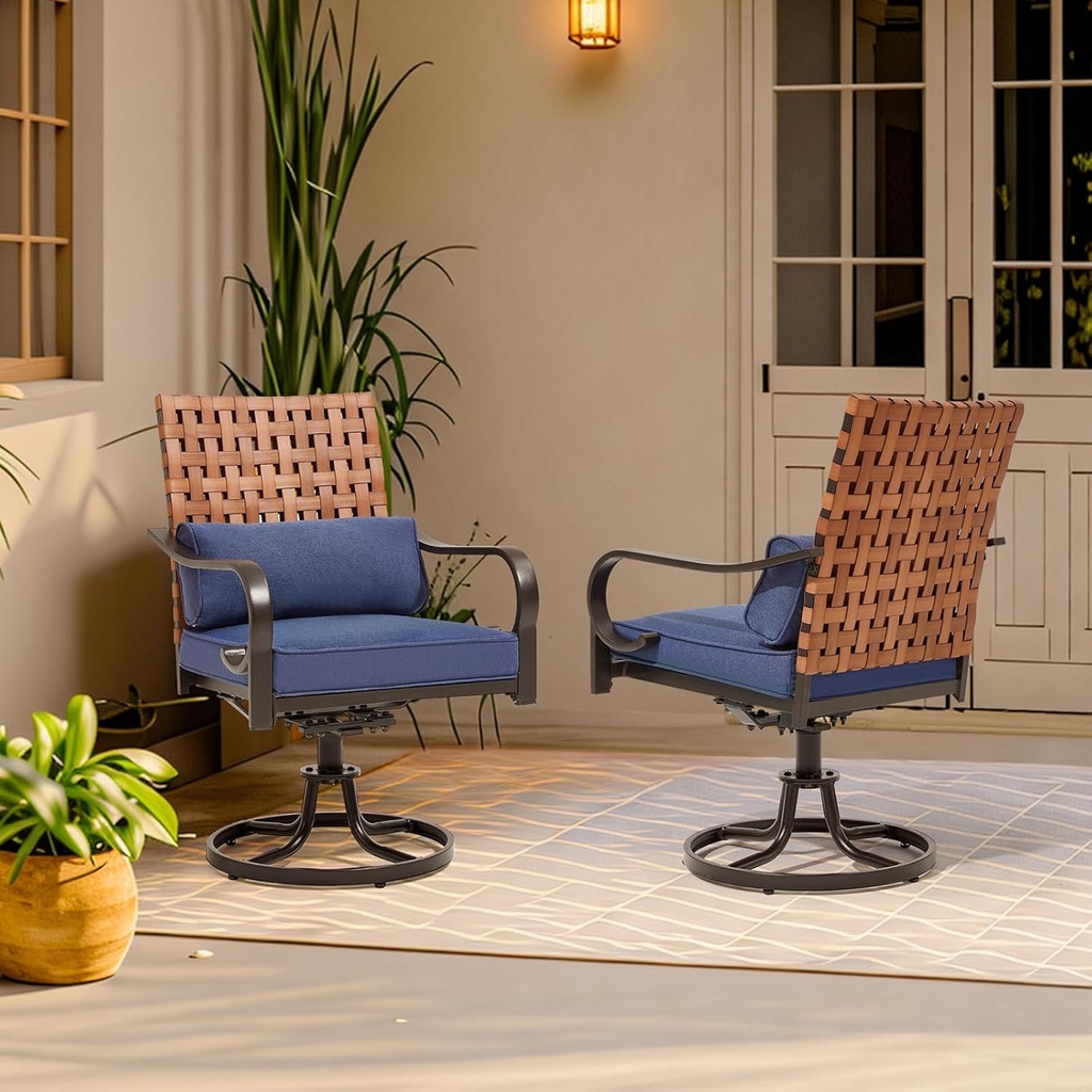MELLCOM Patio Swivel Chair Set of 2, Outdoor Dining Chairs with Cushions & Lumbar Pillows, Leather-Look Wicker Chairs with Gentle Rocker for Porch, Garden, Backyard, Poolside, Blue