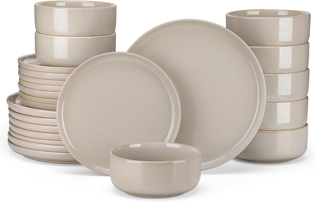 vancasso PLAYA Ceramic Plates and Bowls Sets,24 Pieces Grey Dinnerware Sets for Kitchen,Reactive Glaze Dishes Set for 8, Dishwasher and Microwave Safe