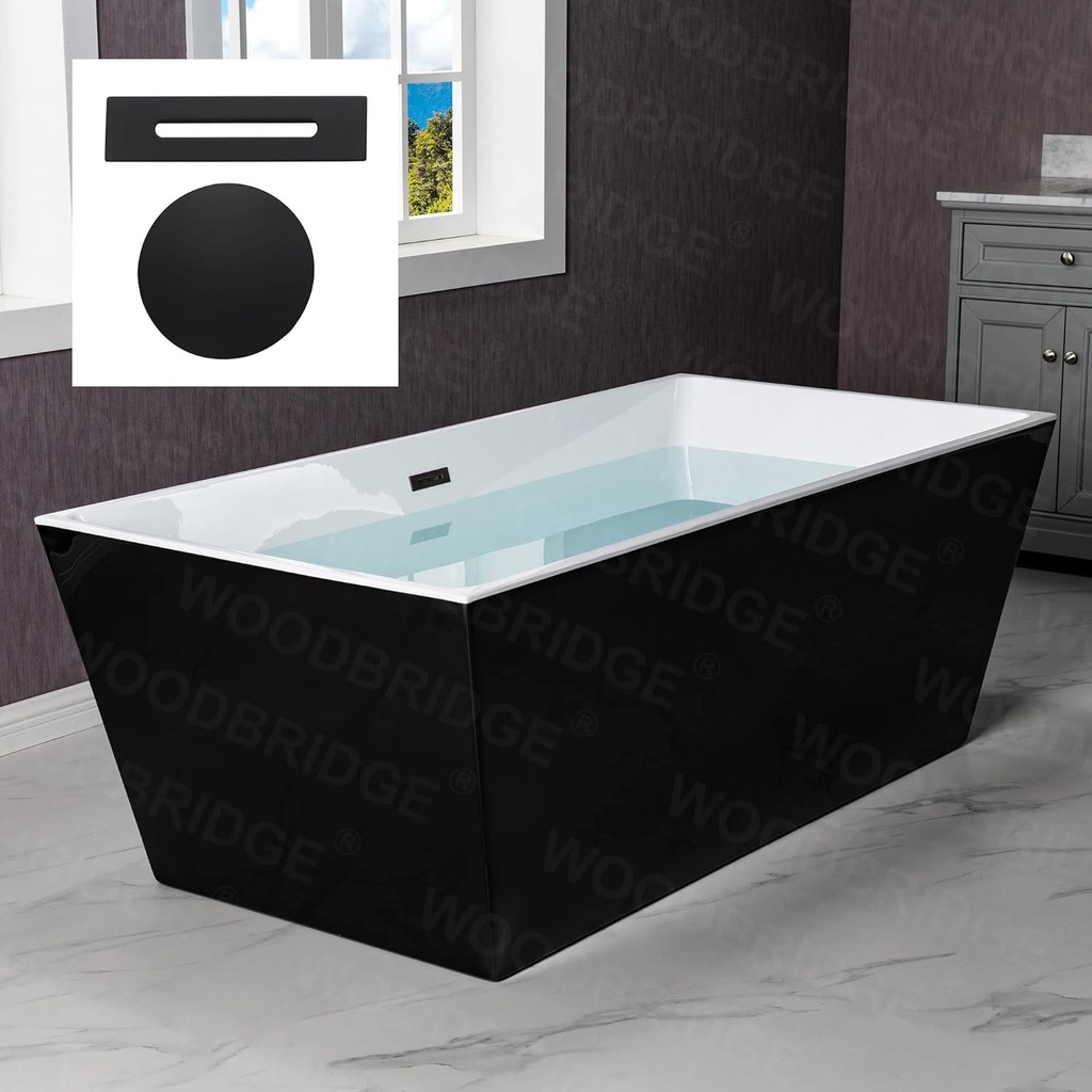 WOODBRIDGE 67" Acrylic Freestanding Bathtub Contemporary Soaking Black Tub with Matte Black Overflow and Drain，BTA1812-MB