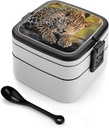 African Leopard Bento Box with Compartments Double Layer Bento Lunch Box with Spoon And Handle All-in-One Adult Lunchbox Leakproof Lunch Container for Work Picnic Travel