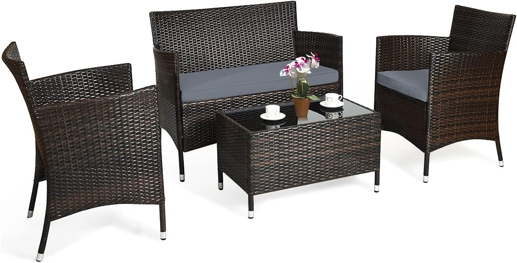 COSTWAY 4PCS Rattan Patio Furniture Set, Outdoor Wicker Rattan Chairs with Coffee Table, Rattan Cushioned Conversation Set for Backyard Balcony Porch Poolside, Grey