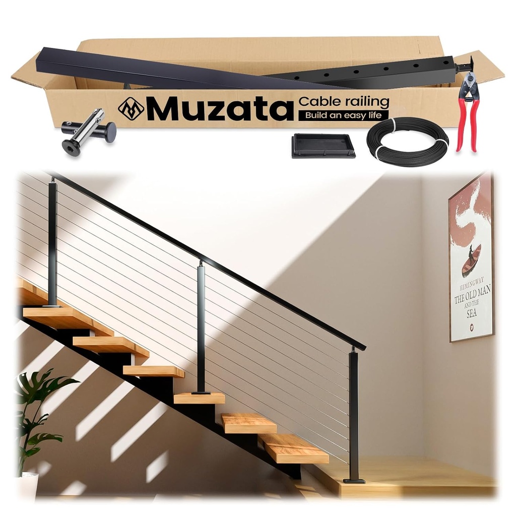 Muzata 3'-6'6" Black Complete Cable Railing Kit for Stairs 36 Inch Cable Railing System with Post Handrail Length Adjustable Easy DIY with User Guide Complete Set RCS1 BA4S