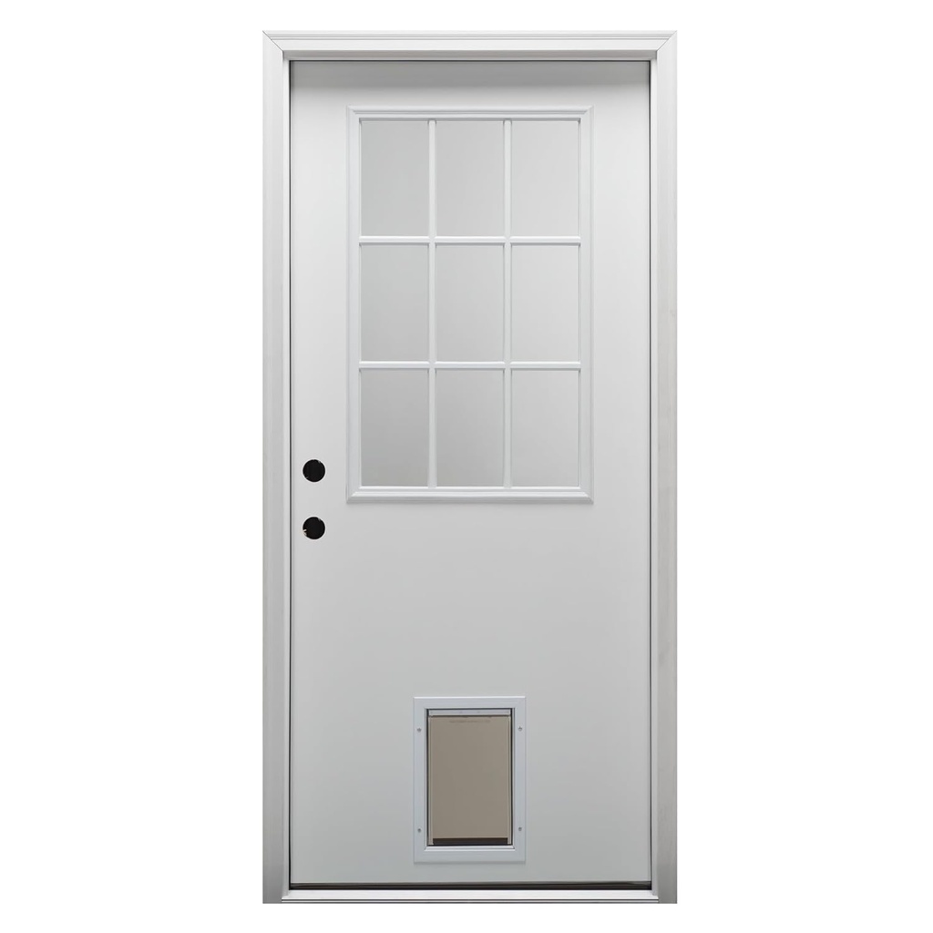 National Door Company ZZ00762R Steel Primed, Right Hand in-Swing, Prehung Front Door, 9 Lite with Pet Door, Clear Glass, 32" x 80"