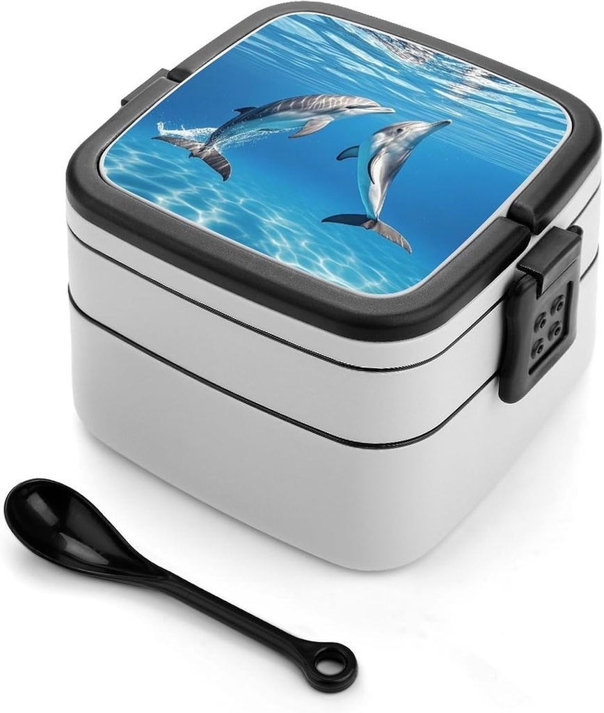 Two Dolphins Bento Box Double-Layer Bento Lunch Container with Spoon And Invisible Handle Adult Leak-Proof Lunchbox for Dining Out Work Picnics Travel