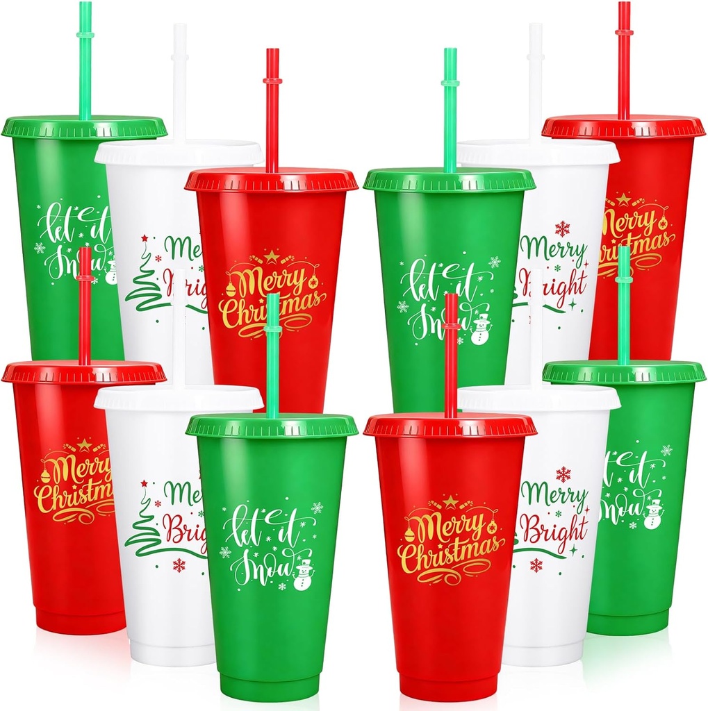 Whaline 12 Pcs Merry Christmas Plastic Tumblers with Lids Straws Reusable Cups 24oz Red Green White Snow Travel Mug Cups for Iced Coffee Beverage Drinks Xmas Party Supplies