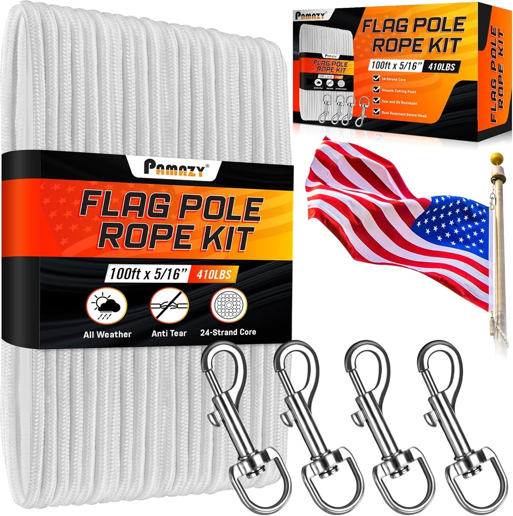 [Upgraded] 5/16” 100Ft Flagpole Rope Kit with 4 Pcs 3.3” Swivel Snap Hook - High Weight Bearing Anti-Tearing Utility Rope with Durable ZinC Alloy Swivel Hooks - Flag Pole Accessories Replacement Kit