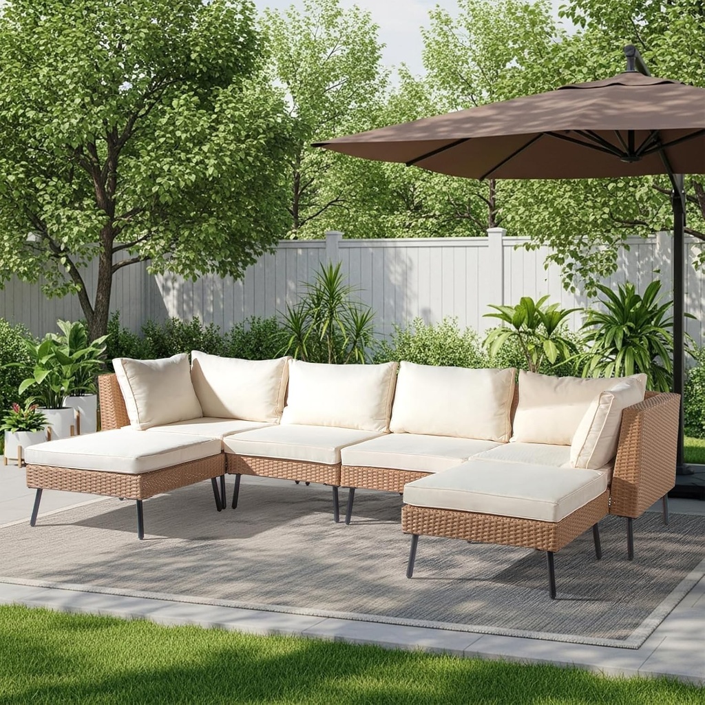 VINGLI 6 Pieces Wicker Patio Furniture Set, Outdoor Sectional Sofa Set Rattan Modular Patio Conversation Sets with Cushions & Ottomans (Yellow)