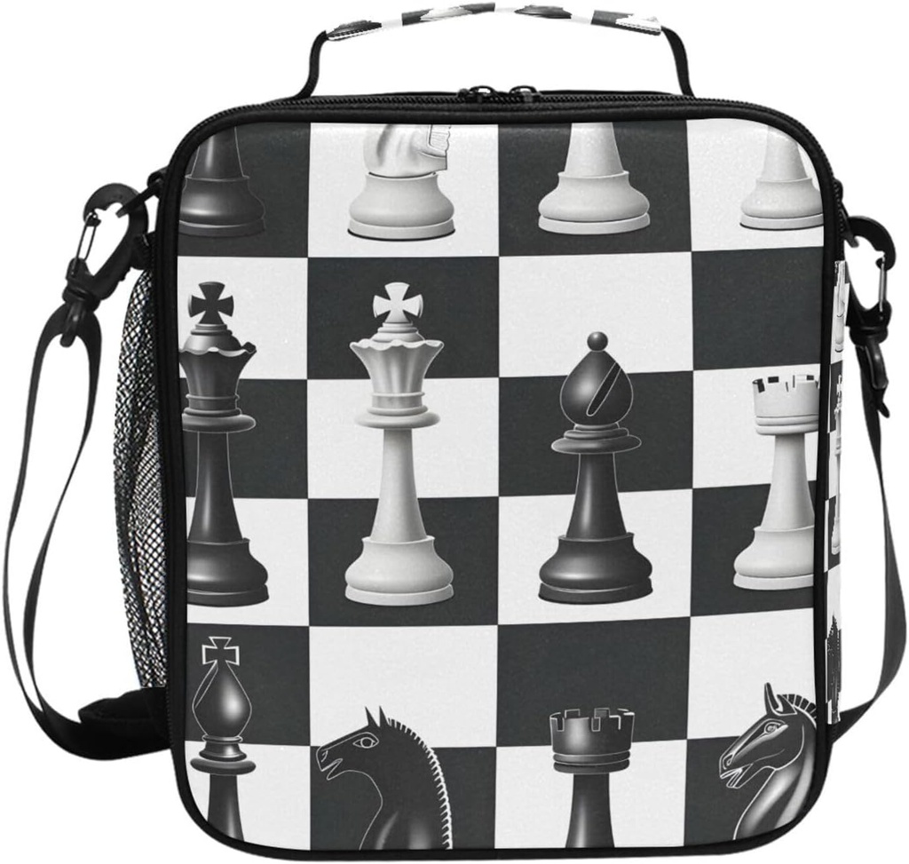 ALAZA Black White Buffalo Plaid Chess Lunch Bags Insulated School Lunch Bag for Kids Boys Girls Toddler Reusable Lunch Box Thermal Cooler Bag Tote Bag Shoulder Strap