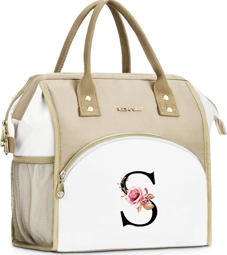 Initial Lunch Bag Women, Cooler Insulated Lunch Box for Girls, Large Adult Leakproof Lunch Box for Picnic Work, Personalized Tote Bag, Birthday Gifts/Christmas Day Gifts, Letter S.
