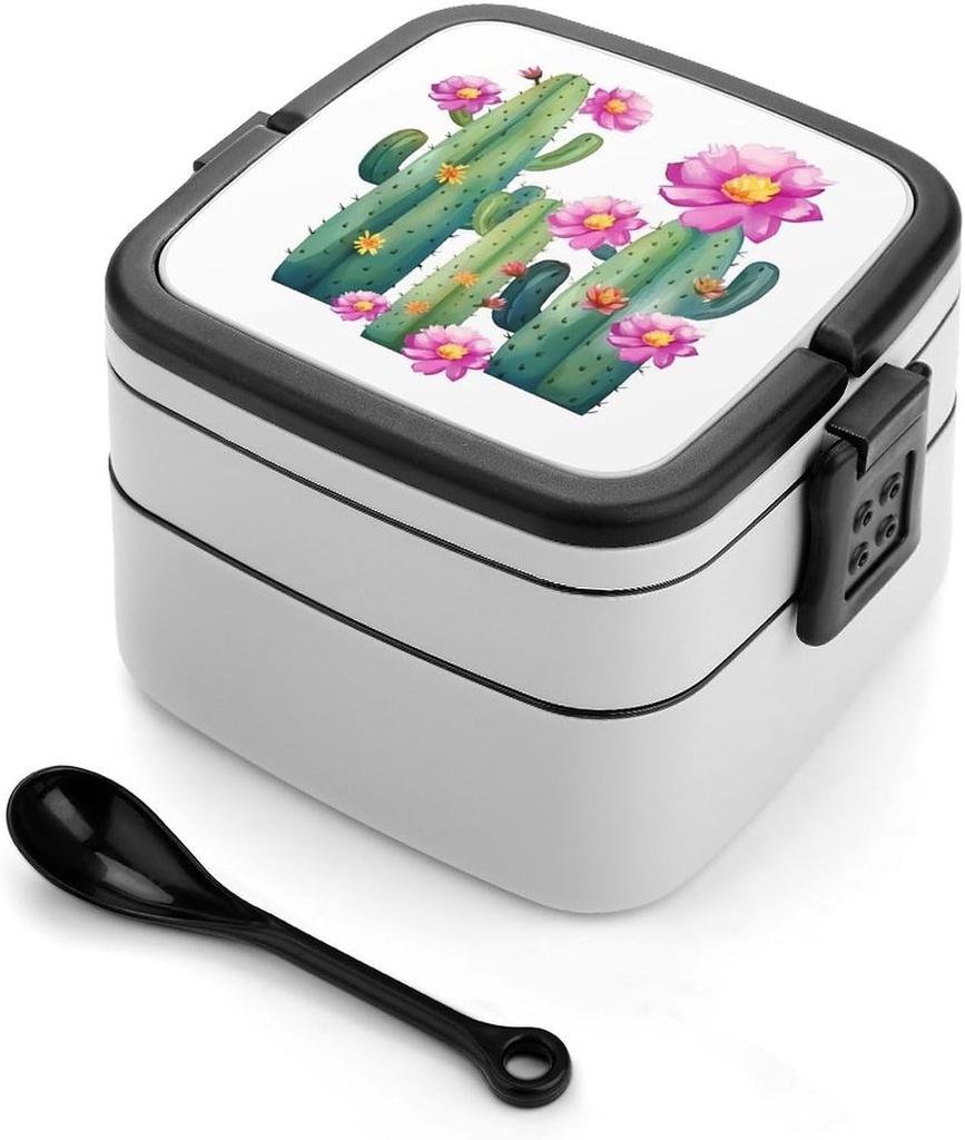 Cactus Flower Bento Box Double-Layer Bento Lunch Container with Spoon And Invisible Handle Adult Leak-Proof Lunchbox for Dining Out Work Picnics Travel