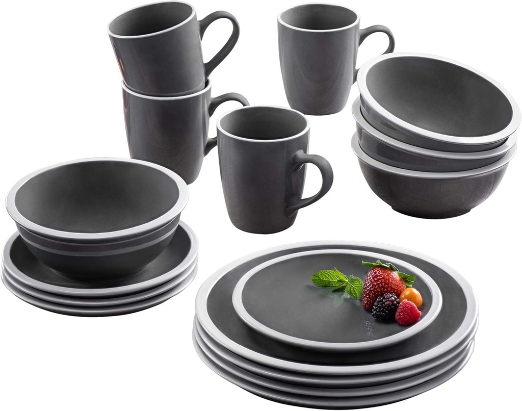 American Atelier Hadleigh Casual Round Dinnerware Set – 16-Piece Stoneware Party Collection w/ 4 Dinner Salad Plates, 4 Bowls & 4 Mugs – Unique Gift Idea, Gray
