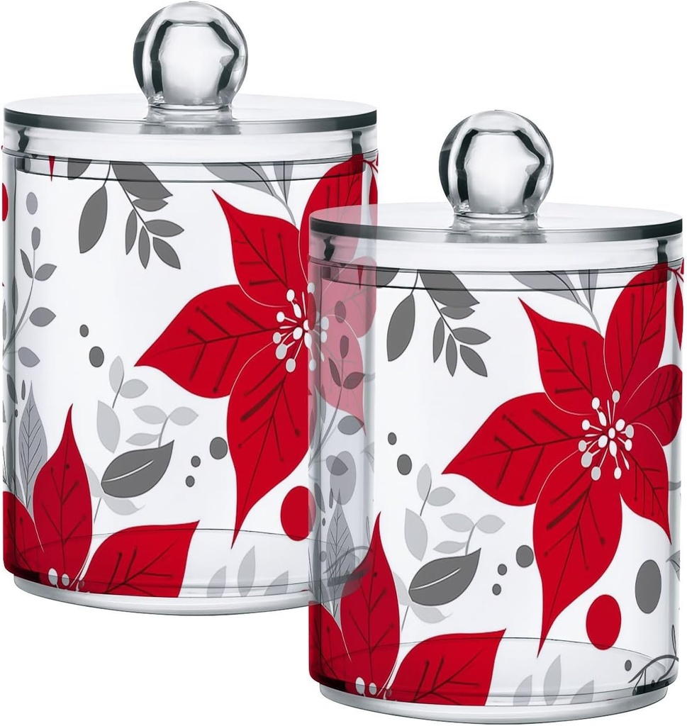 Acrylic Plastic Clear Jar with Lid, Red Poinsettia White Pattern Airtight Storage Jar 2 Pack Kitchen Storage Containers for Cookie Snack Candy