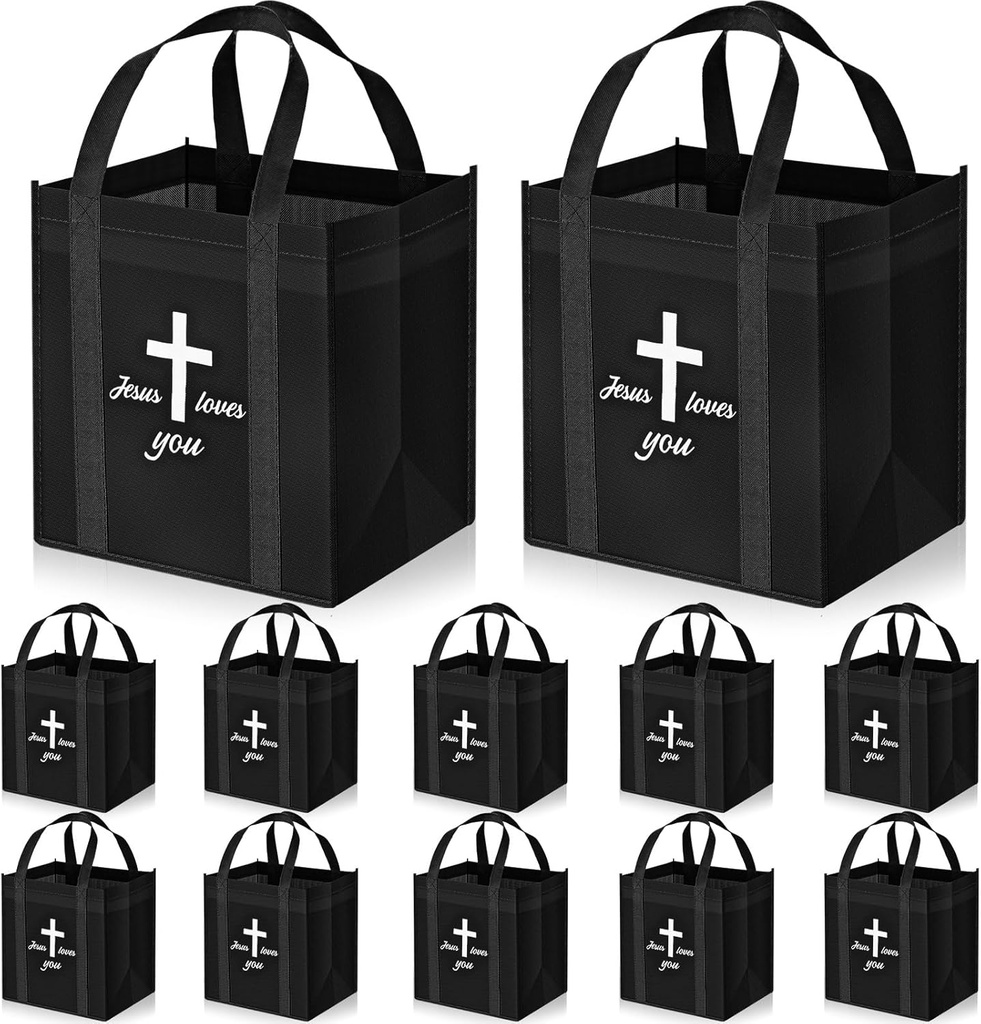 SATINIOR 12 Pcs Christian Reusable Handle Grocery Bags, Religious Bible Tote Bulk Large Washable Foldable Shopping Fathers Day Gift Bags Holds 100 Lbs, 15" H x 13" L x 10. 2" W(Black)