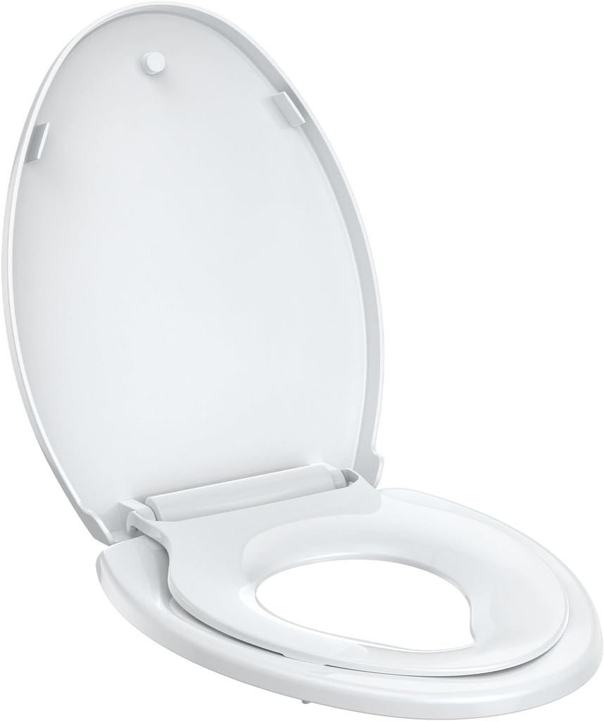 Toddler Toilet Seat – White Elongated Toilet Seat with Toddler Seat, Quick-Release & Slow-Close Hinges, Child & Adult Friendly, Fits 19-Inch Elongated Toilets, Perfect for Family Bathroom Training