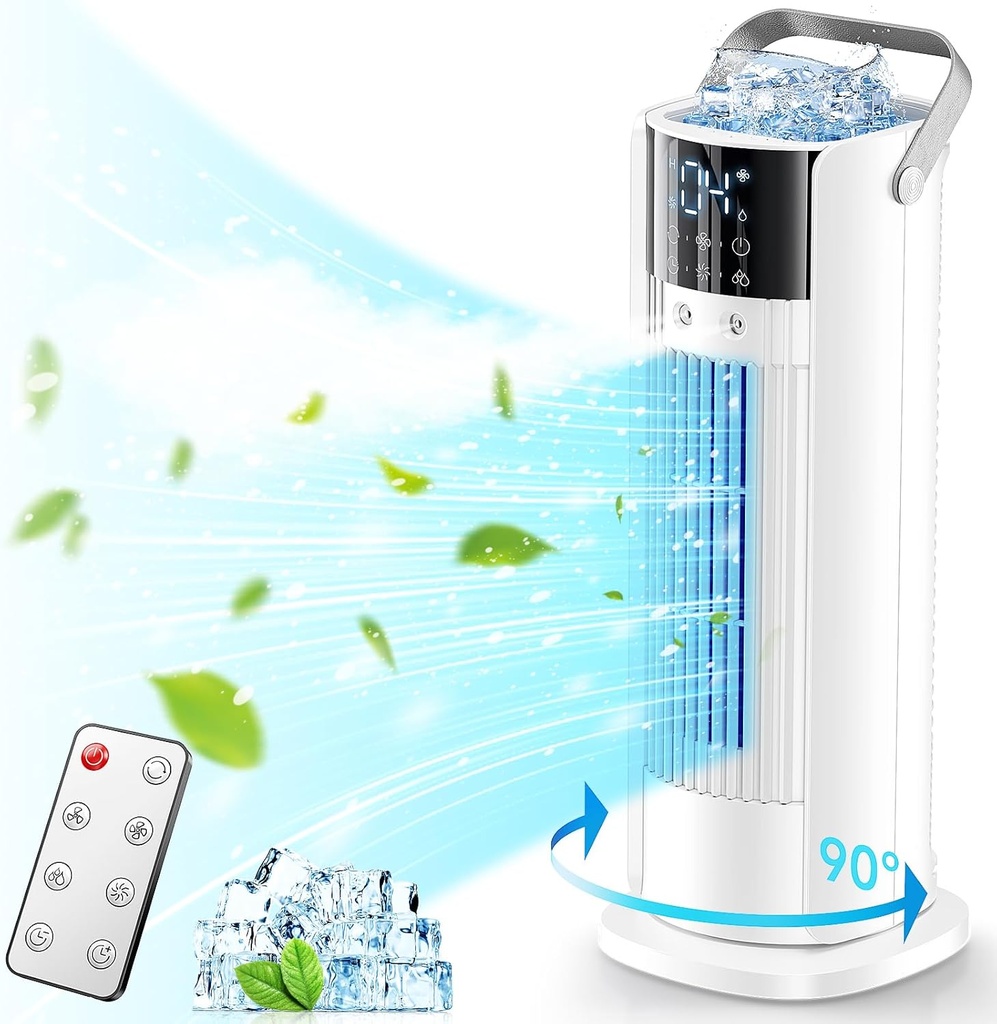Portable Air Conditioner - 90° Oscillating Tower Fan with Remote, 16" Evaporative Air Cooler with 4 Wind Speeds/Digital Touch Screen/Cool Mist/2-10H Timer - Cooling fan Air Conditioner for Room Office