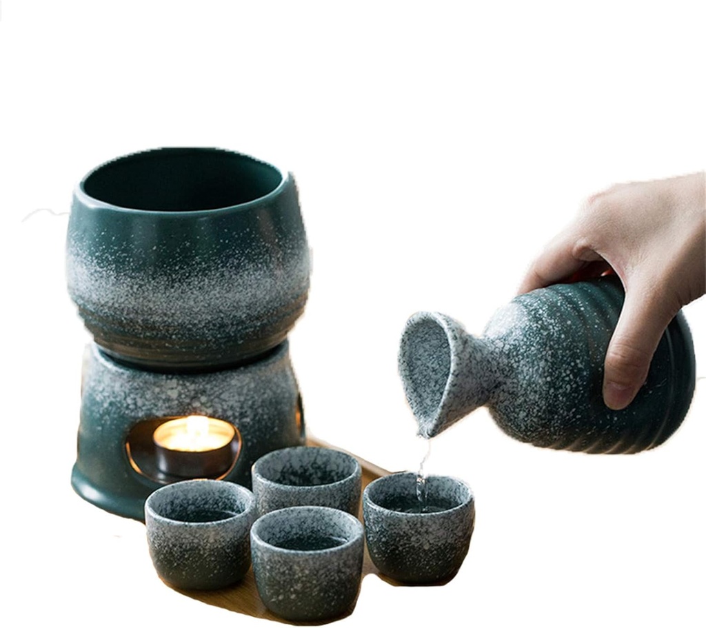 Japanese Ceramic Sake Set with Warmer, Home Hot Jug,Traditional Hot Sake Set 7 Pcs Including 1 Stove, 1 Warming Pot, 1 Sake Bottle and 4 Sake Cups, for Cold/Warm/Hot
