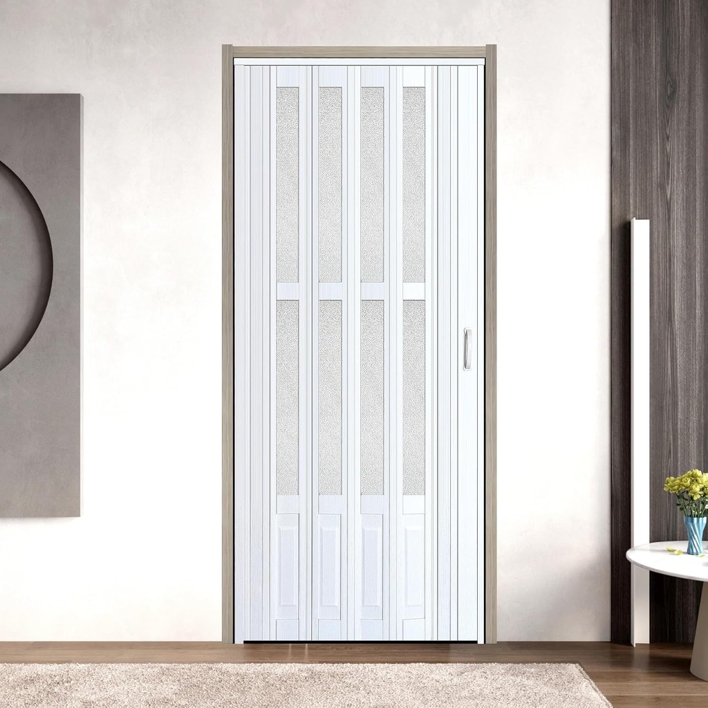 36x80in PVC Internal Accordion Folding Door, Multifold Sliding Door for Closet, White in Color, with Installation Hardware; Handle; Latch.