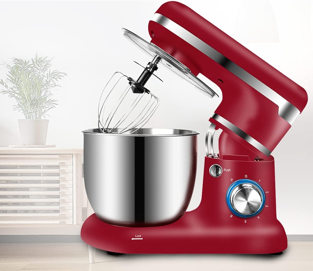 Mixer Electric,Tilt-Head 6-Speed Kitchen Electric Dough Mixer for Household Baking Bread, Auto Power-Off Design Bring All-Round Protection,red