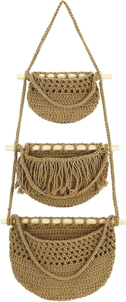 Cabilock 3-Tier Boho Fruit Basket for Kitchen,Wall Hanging Fruit Woven Produce Holder Vegetable Hanging Basket for Organizing Teardrop Home Wall Potato Onion Storage