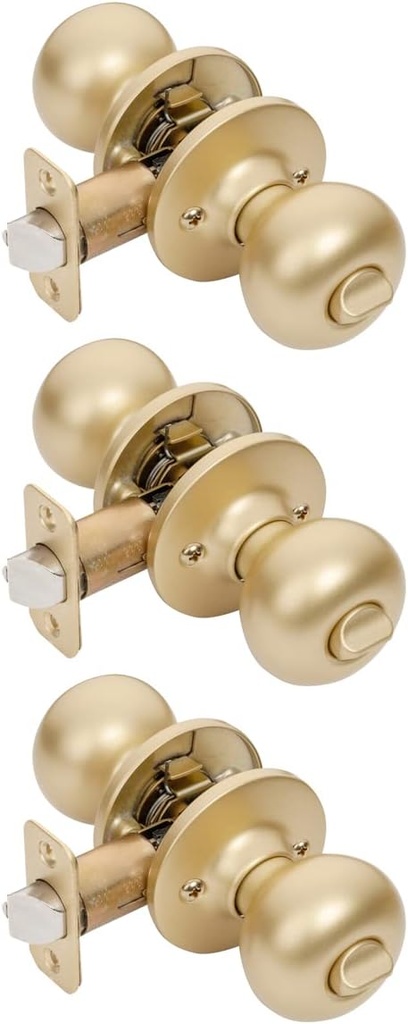 Designers Impressions Bedford Design Satin Brass Round Privacy Door Knob (Bed & Bath), 3 Pack