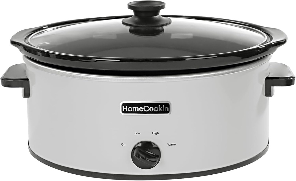 HOMECOOKIN 7 Quart Slow Cooker Oval Manual Pot Food Warmer with 3 Cooking Settings, White Stainless Steel