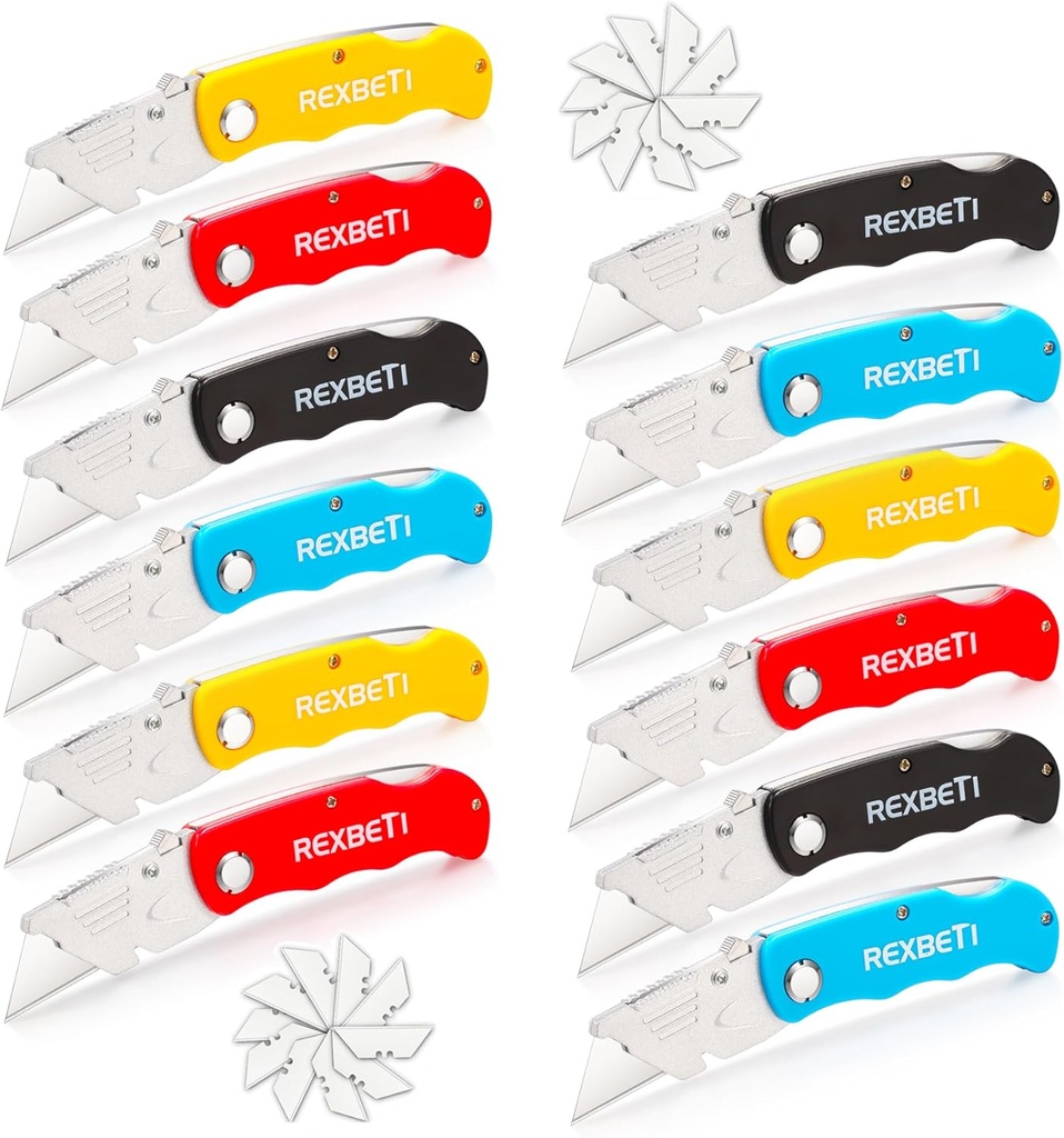 REXBETI 12 Pack Folding Utility Knife Set Quick Change Blade box cutter, Back-lock Mechanism with 20 Extra Blades, SK5 Standard Replaceable Razor Blad