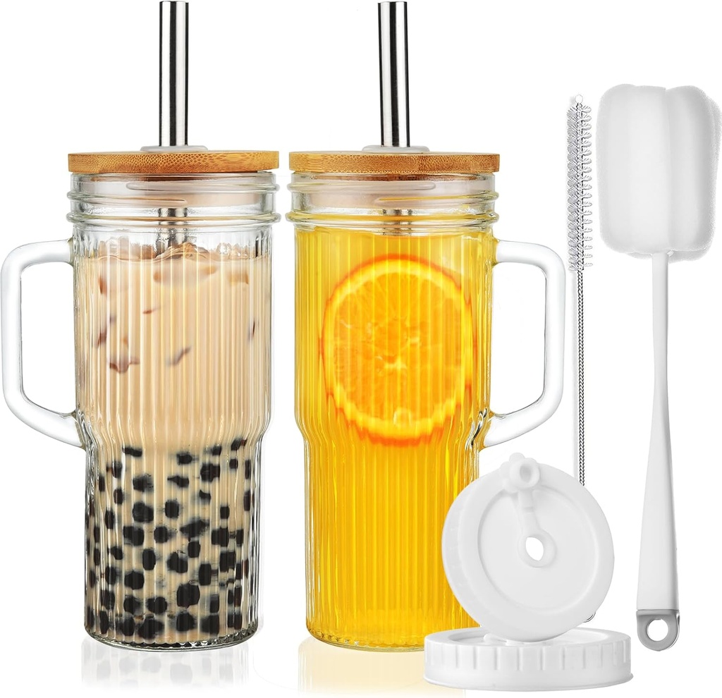 ALINK 24oz Ribbed Glass Cups with Bamboo Lids and Straws, 2-Pack Glass Tumbler with Handle, Reusable Iced Coffee Cups, Wide Mouth Mason Jar Boba Smoothie Cups, Drinking Glasses with 2 Brush