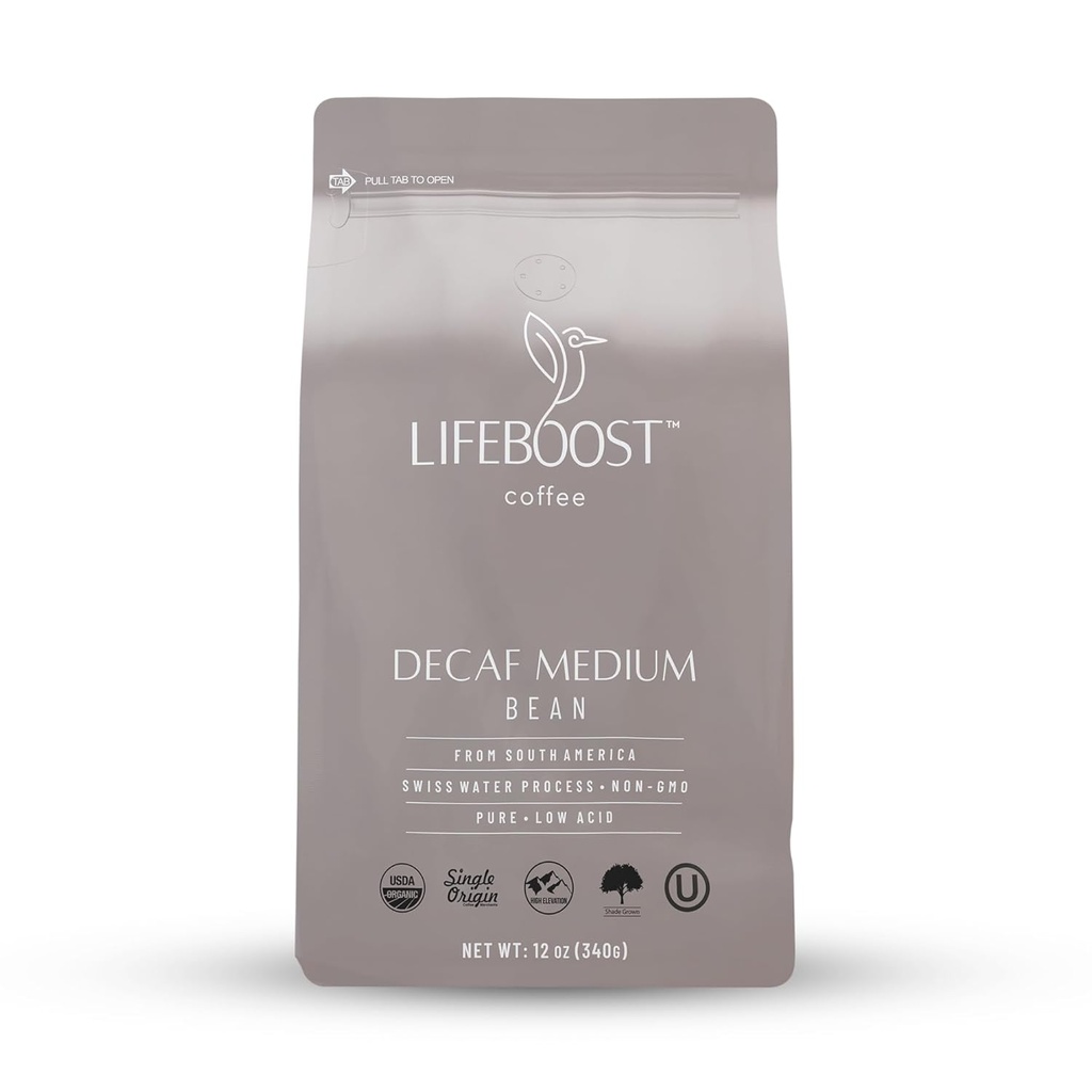 Lifeboost Medium Roast Decaf Coffee Beans – Organic Low Acid Swiss Water Decaf – Whole Bean Coffee – Third Party Tested for Mycotoxins & Pesticides – Chemical Free – 12 oz