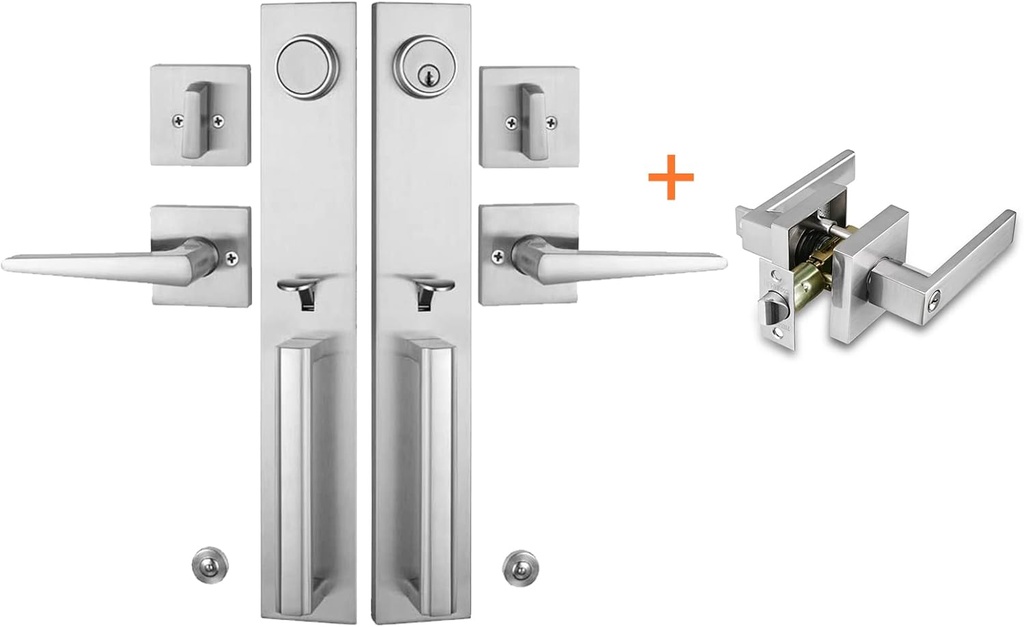 NEWBANG (Keyed and Dummy Double Door Handle Set & (1 Pack) Entry Door Lever in Brushed Nickel