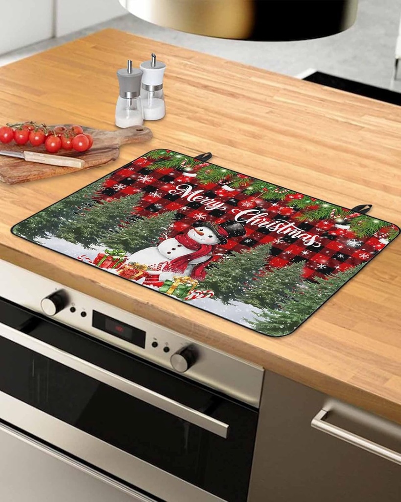 Snowman Countertop Burners Protection Mats for Kitchen, Christmas Tree Socks Snowflake Winter Red Check Rubber Stove Top Cover Mat, Heat Proof Mats Cooktop Cover for Counter Dish Drying Mat, 31"x24"