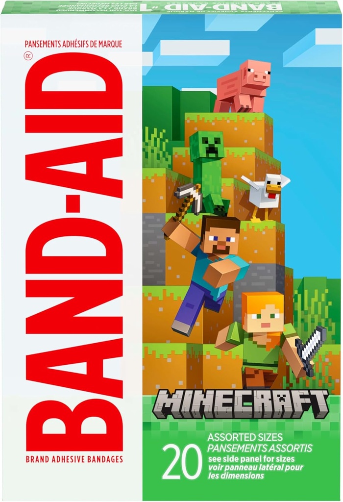 BAND-AID Brand Adhesive Children's Bandages for Minor Cuts & Scrapes, Wound Care Featuring Minecraft Designs, Fun Bandages for Kids and Toddlers, Assorted Sizes, 20 ct