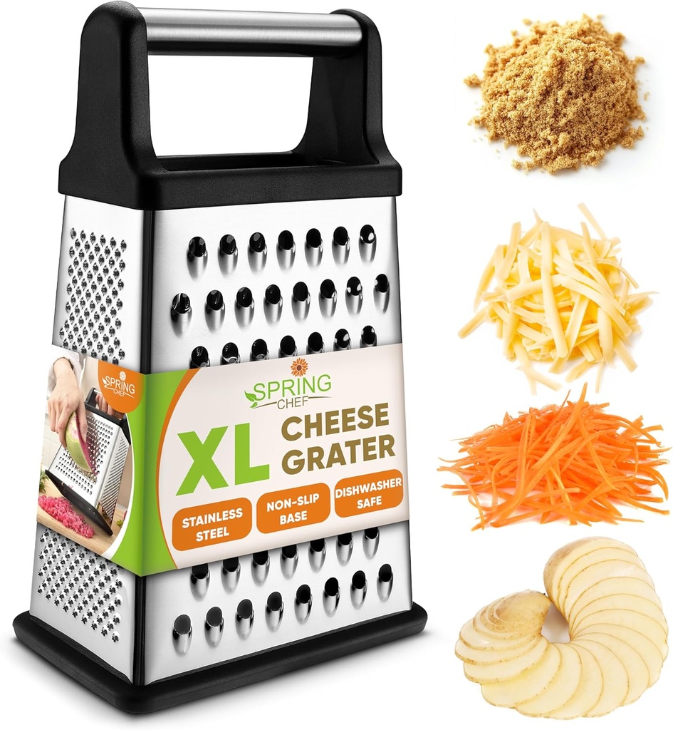 Spring Chef Professional Cheese Grater - Stainless Steel, XL Size, 4 Sides - Perfect Box Grater for Parmesan Cheese, Vegetables, Ginger - Dishwasher Safe - Black