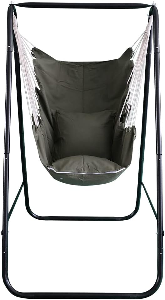 Hammock Chair with Stand,Hammock Chair Stand with Hanging Swing Chair Included,Weather Resistant Hammock Stand Max 450 Lbs,Saving Space Swing Stand for Indoor Outdoor Patio Yard(Green) Patented