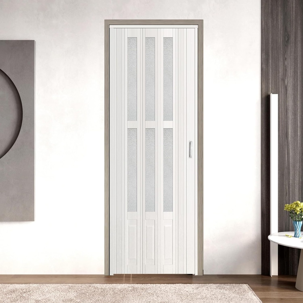 32x80in PVC Internal Accordion Folding Door, Multifold Sliding Door for Closet, White in Color, with Installation Hardware; Handle; Latch.