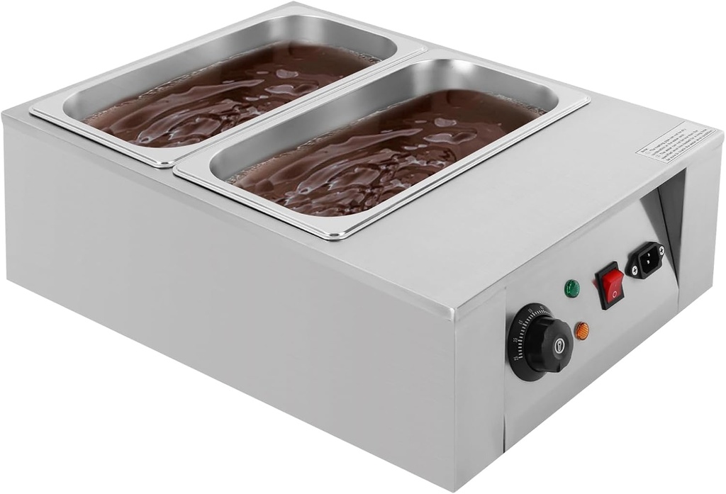 Commercial Chocolate Melting Pot, 2-Tank Stainless Steel Chocolate Tempering Machine, 600W Electric Chocolate Melter with 77-185°F Adjustable Temp, Ideal for Home and Bakery Use