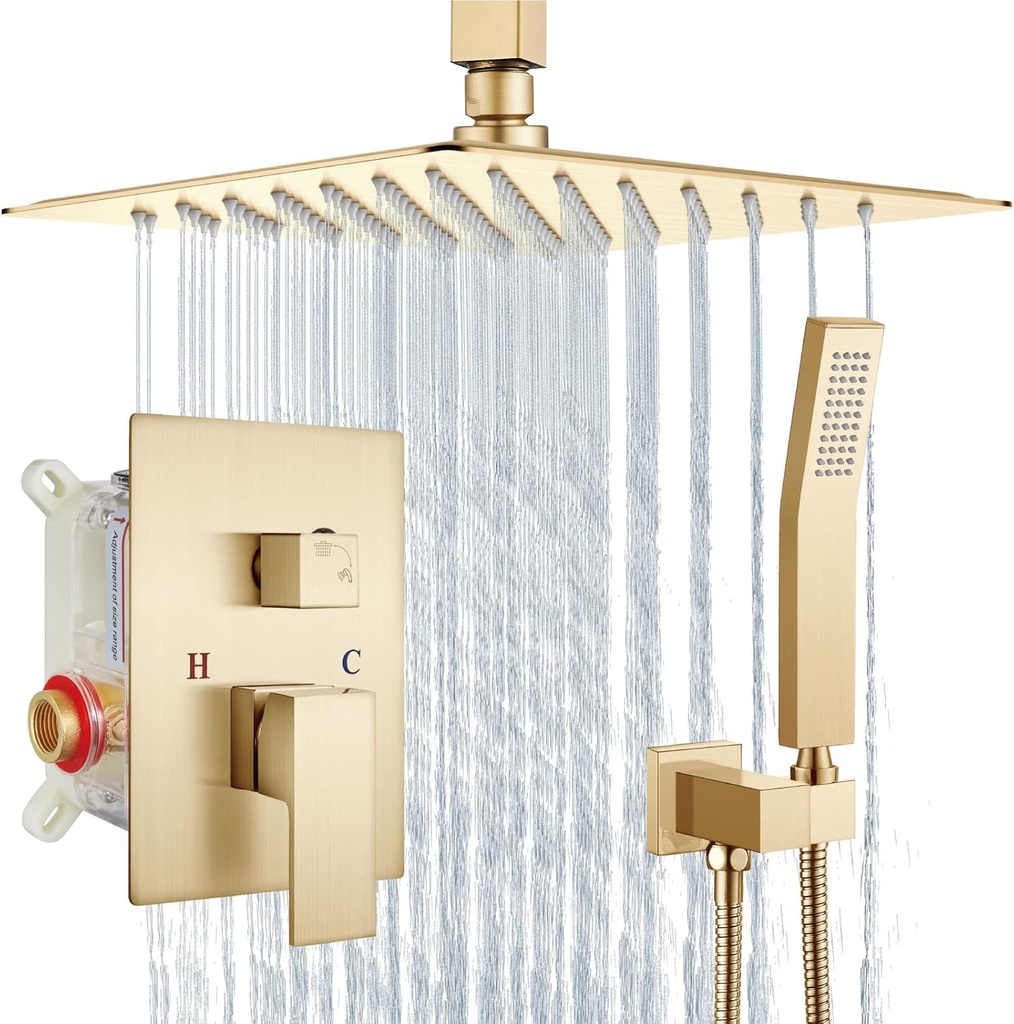 Aolemi Ceiling Mount Shower System Rain Shower Head with Handheld Spray High Pressure Shower Faucet Set Rough-in Valve Shower Trim Kit Included Bathroom Brushed Gold 10 Inch Ceiling Shower Head