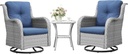 Outdoor Swivel Rocker Bistro Set - 3 Piece Patio Furniture Set Swivel Glider Chairs with Side Table for Porch Deck Balcony, Light Grey/Blue