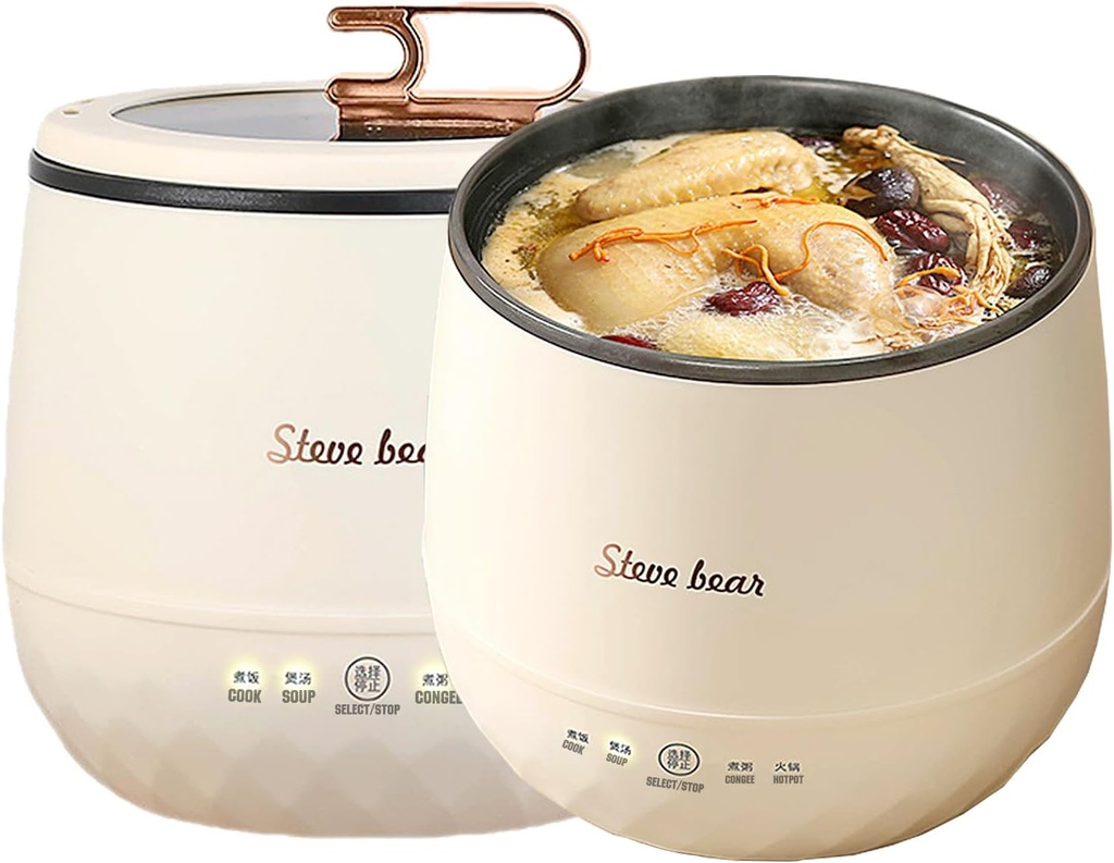 Multifunctional Small Rice Cooker, Mini Electric Cooker/Hotpot for 1-2 People 6-in-1 Multifunctional All-in-One Portable Non-Stick Cooker with Transparent Lid (White)